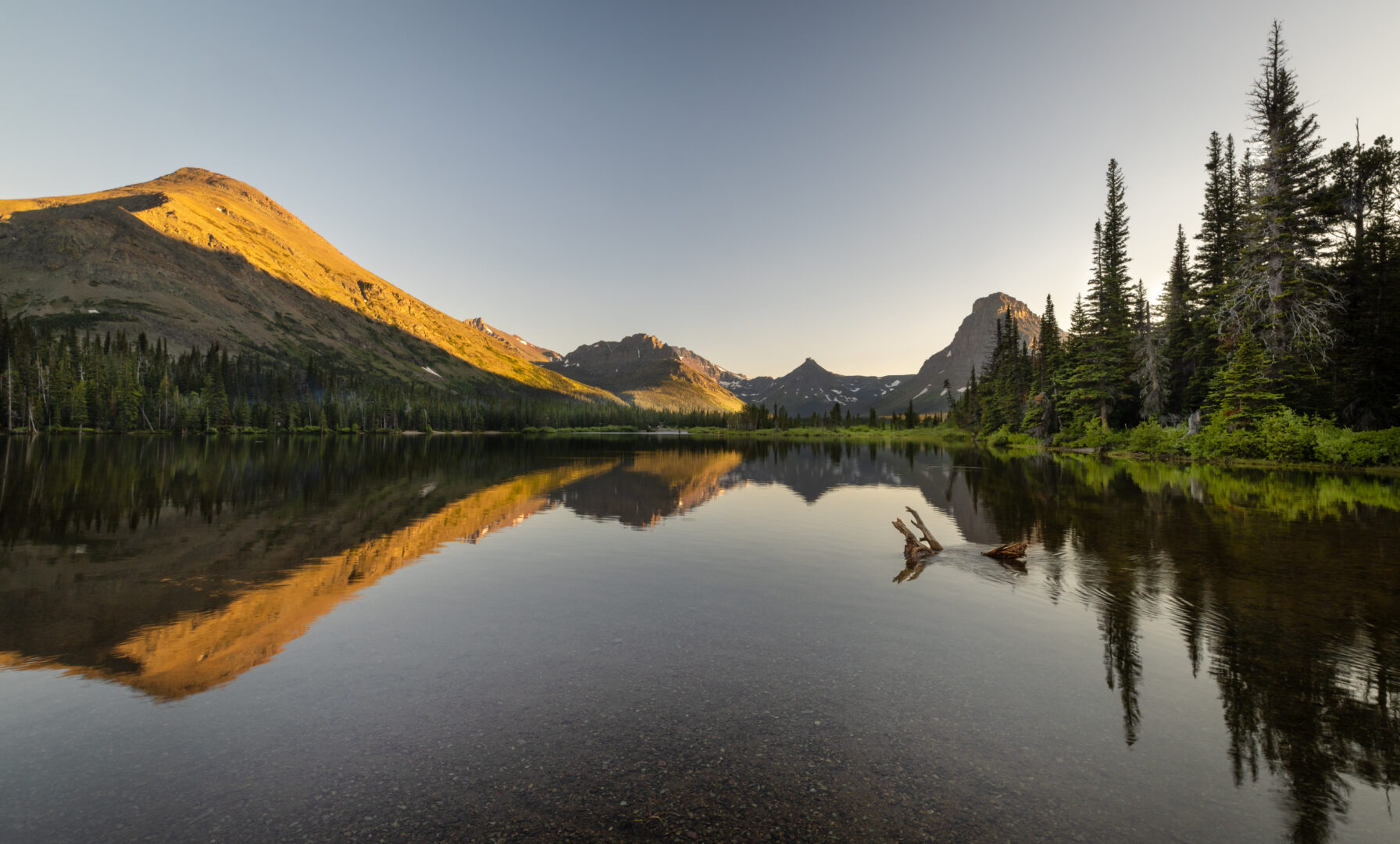 Photograph of Pray Lake at sunset in Glacier National Park